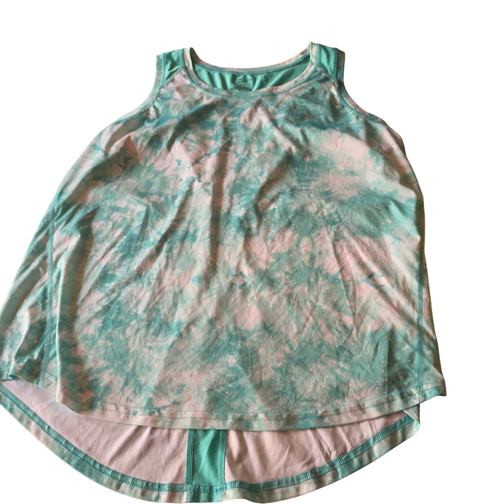 Tek Gear DryTek Women 1X Teal White Tie Dye Active Tank Top Mesh Back High Low